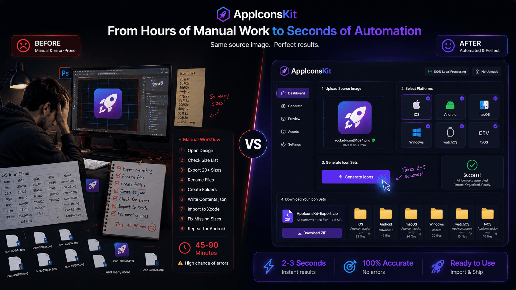 Before and after comparison of manual icon resizing vs AppIconsKit