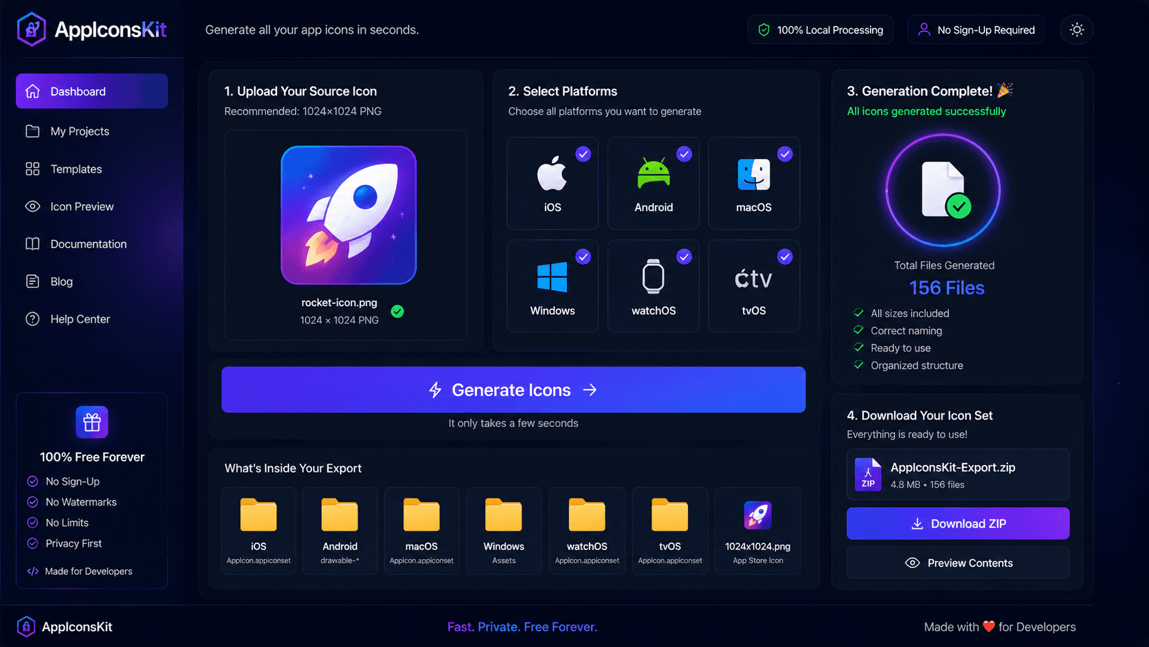 AppIconsKit dashboard showing multi-platform icon generation