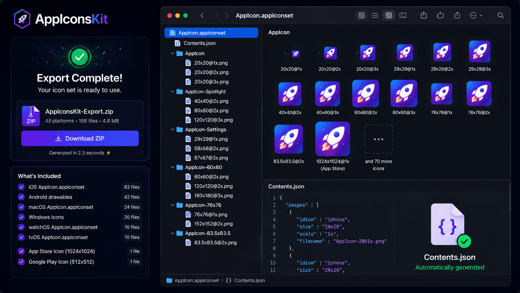 Xcode-ready AppIcon.appiconset folder structure from AppIconsKit