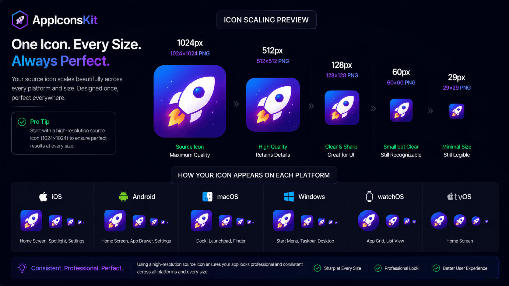 App icon at different sizes showing detail at scale