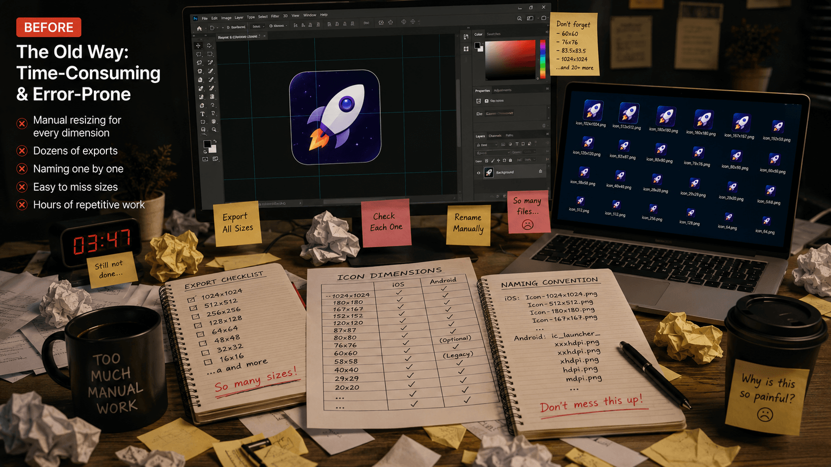 Before AppIconsKit manual icon export workflow in Photoshop