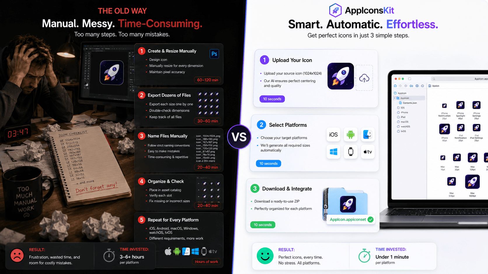 Old manual icon workflow vs AppIconsKit automated workflow comparison