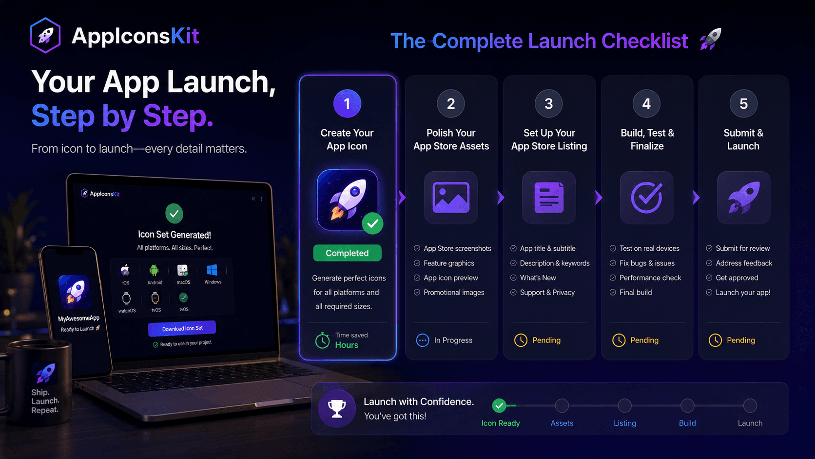 Mobile app launch checklist with AppIconsKit icon generation checked