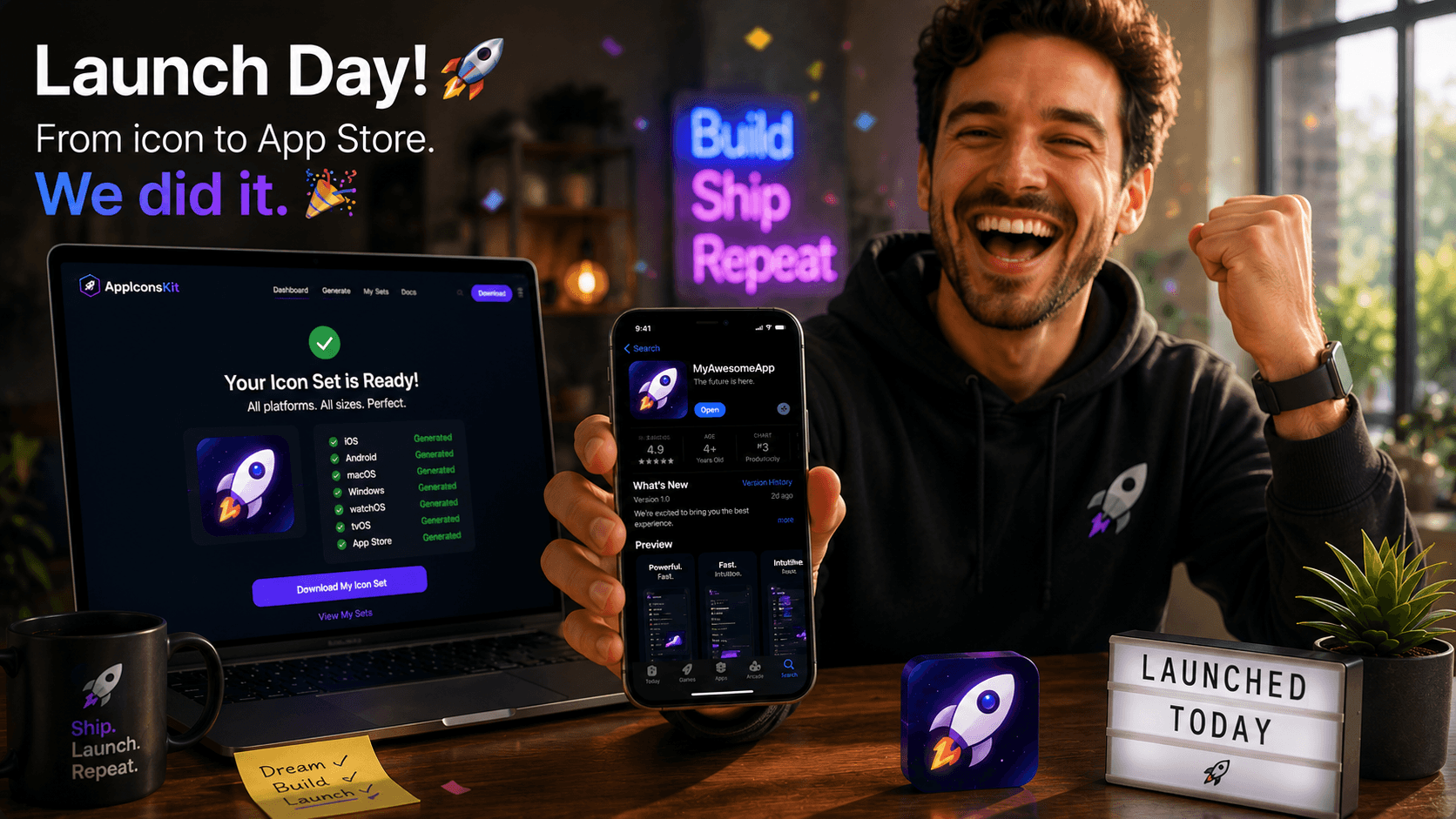 Indie developer celebrating successful app launch using AppIconsKit