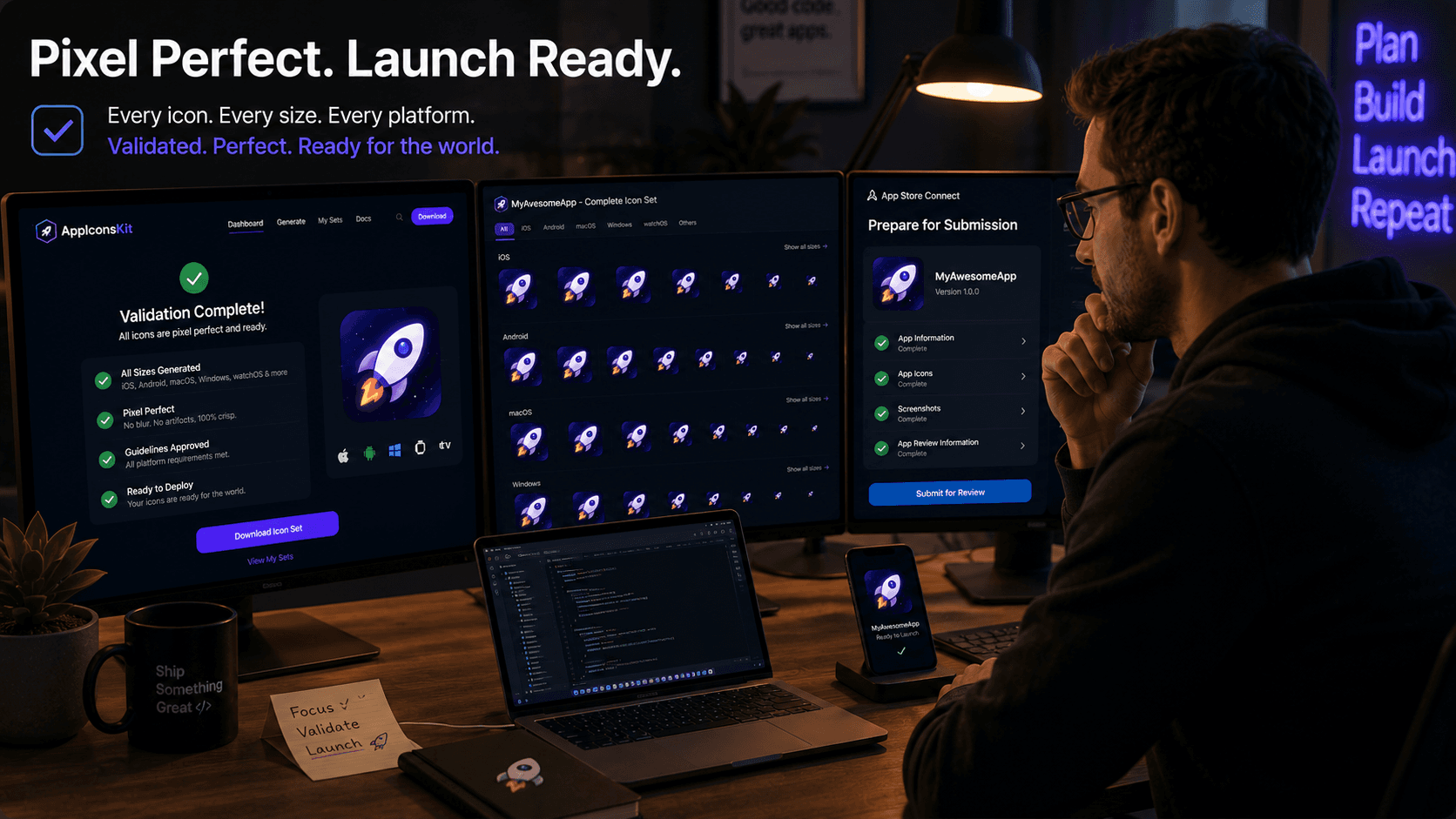 Developer reviewing pixel perfect app icons before App Store deployment