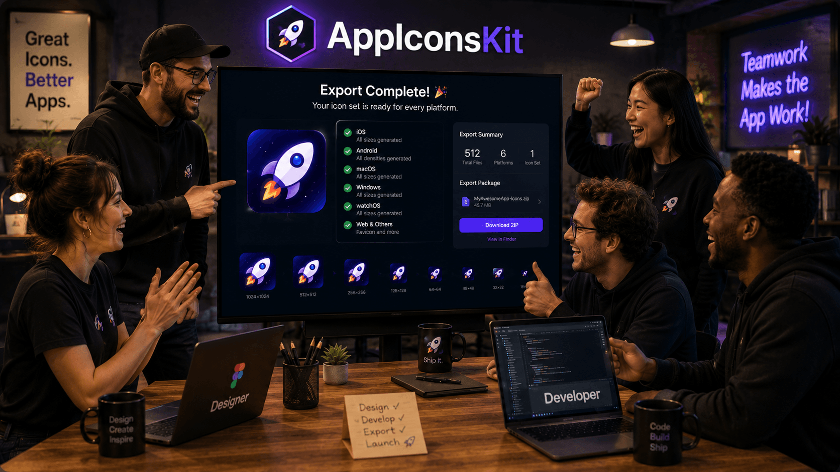 Happy team collaborating on app icon handoff using AppIconsKit