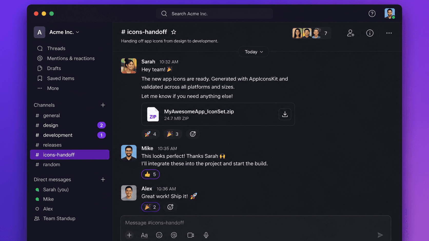 Team using AppIconsKit for icon handoff via collaboration tools
