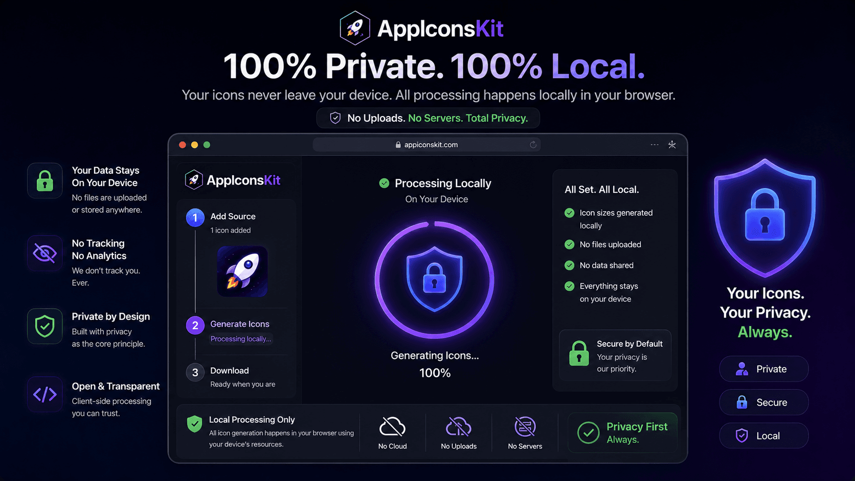 AppIconsKit privacy promise: processing your files locally in-browser with zero server uploads